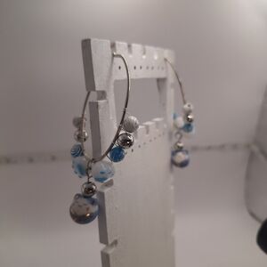 Cat, Paws, Blue & Silvertone Dangle Hoop Earrings - Mbarnes Productions